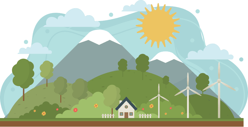 Peisaj natural cu pădure, munți și turbine eoliene
