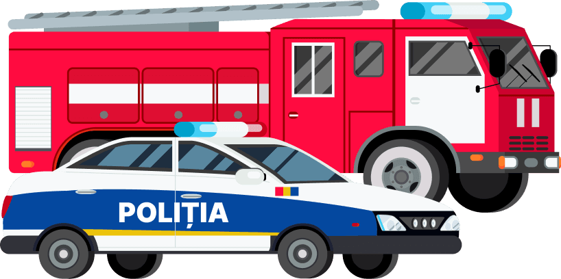 Mașină de pompieri și mașină de poliție